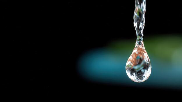 Close up of a pristine water stream and a single drop forming against a dark abstract background reflecting subtle colors photo