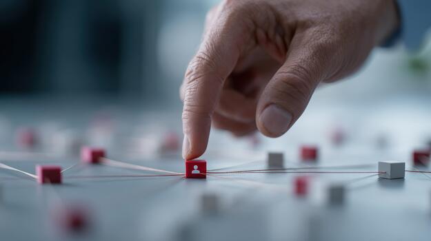 Business strategy and social network connection concept with human hand selecting a person icon on a linked cube representing global communication and teamwork photo