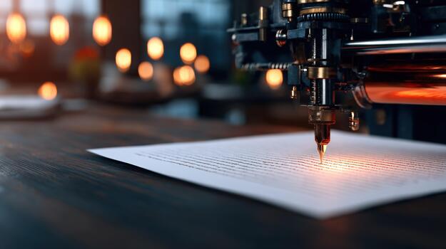 Automated writing machine pen creating text on paper with glowing tip in a modern office setting for technology and communication concepts photo