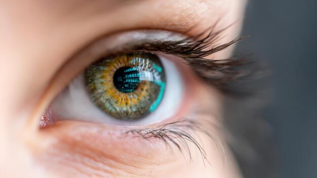 Human eye reflecting binary code and digital data representing technology innovation and futuristic vision photo