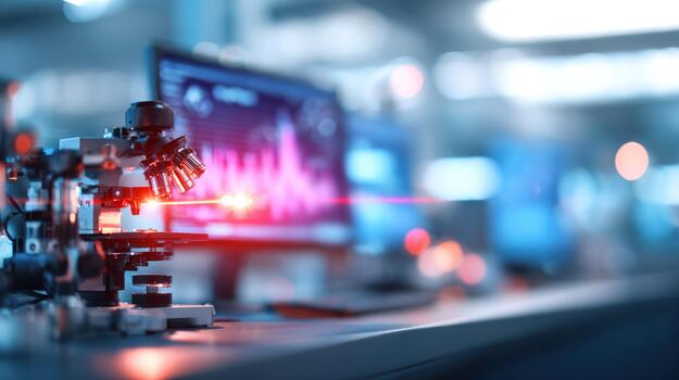 High technology microscope with luminous red beam and blurred digital display for scientific analysis photo