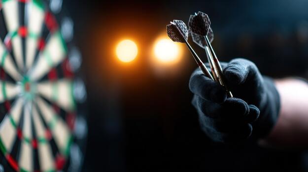 A gloved hand holds three darts in a dark setting with a blurred dartboard and bokeh lights in the background conveying focus and precision for a game of skill and entertainment photo
