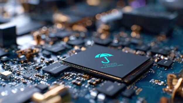 Digital security protection concept on advanced microchip and electronic circuit board components photo