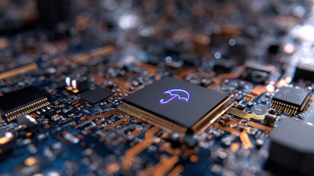Digital security concept on computer chip motherboard data protection and cyber defense technology microchip with umbrella symbol photo