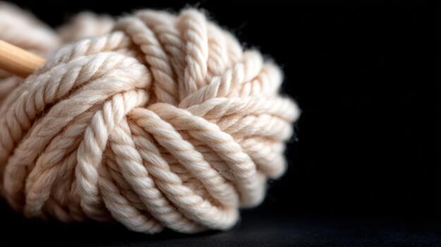 Textured natural fiber rope intricately tied in decorative knot with wooden element crafting material against dark background photo