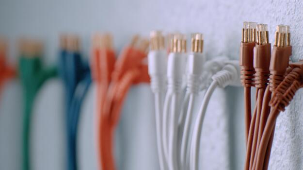 Colorful network cables plugged into a wall panel representing data connection and internet infrastructure photo