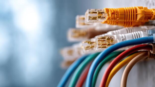 Close up view of multiple colored ethernet cables and rj 45 connectors highlighting network communication data transfer technology and internet connectivity infrastructure photo
