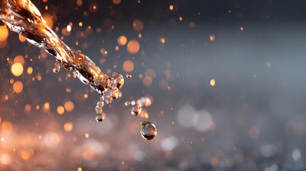 Dynamic liquid stream pouring with splashing droplets and abstract golden bokeh light effect on dark background photo