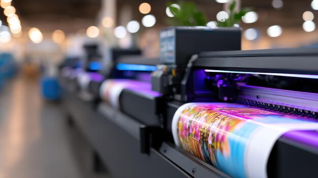 Large format digital printer machine producing vibrant colorful graphics on roll paper with purple light in industrial setting photo