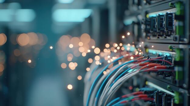 High speed data network connection with fiber optic cables in server room digital information flow and telecommunication technology infrastructure photo