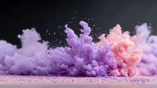 Vibrant powder explosion dynamic burst of purple and pink colored dust cloud scatter against a dark background photo