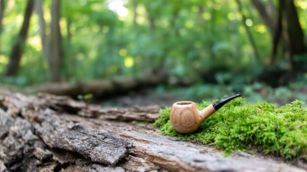 Wooden smoking pipe resting on vibrant green moss on a fallen tree log in a natural forest setting with blurred background and soft daylight photo
