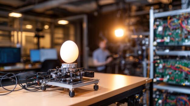 Glowing egg shaped object mounted on advanced robotic mechanism in modern technology laboratory for scientific research and development photo