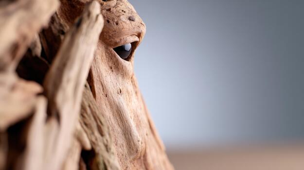 Abstract natural wood formation with an embedded dark eye like sphere creating an intriguing organic texture against a soft background photo
