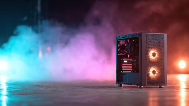 Modern desktop computer system with vibrant led lighting amidst atmospheric mist photo