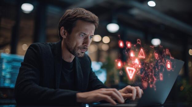 Man working on laptop with digital cybersecurity threat warning icons data protection network security concept photo