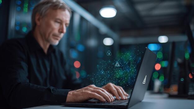 Mature professional male using laptop computer in data server room with digital security data protection overlay and network connection concept photo