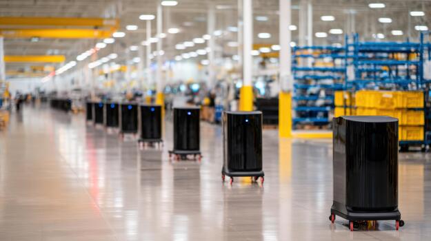 Autonomous mobile robots move in a row through a modern industrial facility for automated logistics and smart manufacturing operations photo