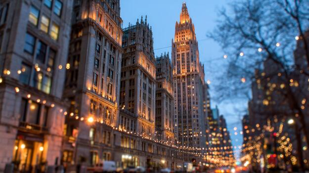 Urban street scene at dusk with illuminated classic architecture and festive string lights creating a beautiful evening atmosphere photo