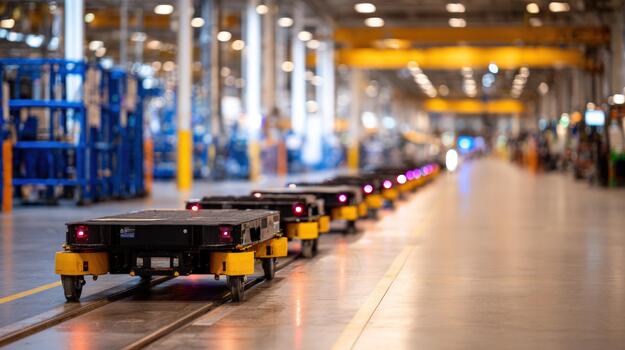 Autonomous mobile robots moving along track in modern automated manufacturing facility advanced industrial automation technology photo