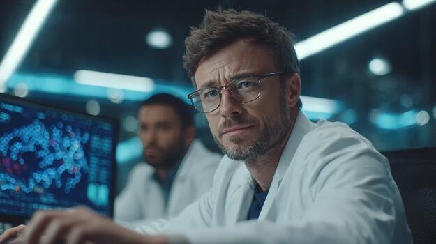 Focused scientist in lab coat analyzing complex data on computer screen in modern research facility photo