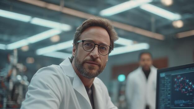 Male scientist in lab coat working on computer with scientific data in modern research laboratory environment photo