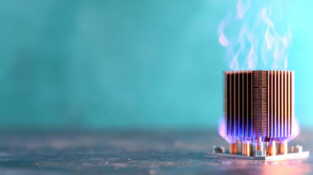 sobrecalentado computadora procesador disipador de calor brillante con azul energía creciente hacia arriba en oscuro superficie con verde azulado antecedentes y Copiar espacio foto