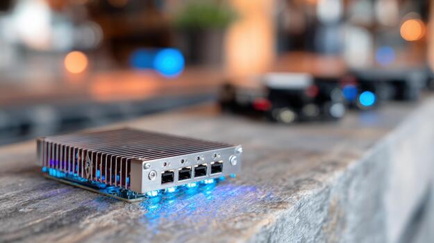 Compact network device with glowing blue lights on a textured surface representing modern technology and connectivity photo