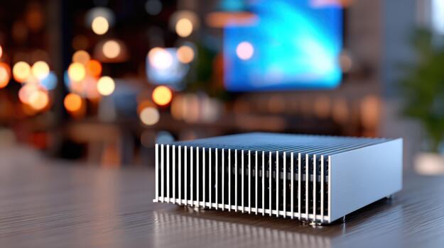 Compact computing device on wooden table with blurred digital display background photo