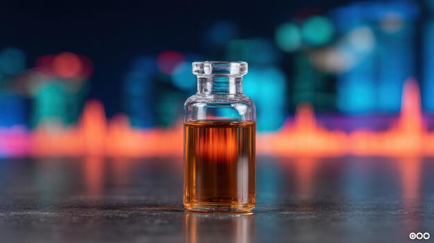Small glass vial with amber liquid on a reflective surface against a bokeh background of colorful abstract lights representing science and research innovation photo
