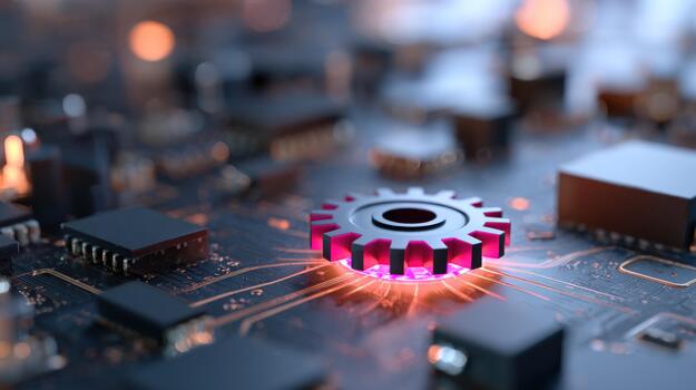 avanzado circuito tablero con brillante engranaje y datos fluir electrónico componentes foto