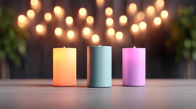 Three colorful pillar candles glowing with warm light against a blurred bokeh background on a wooden surface creating a serene ambiance photo