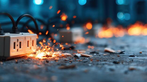 Electrical surge power strip sparking short circuit hazard accident fire safety risk electricity problem damage destruction danger technology concept photo