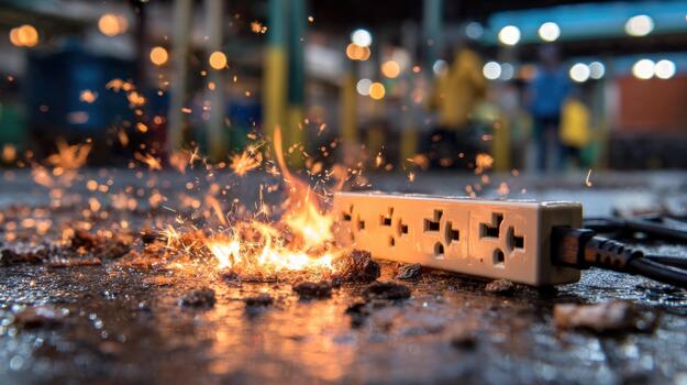 Electrical power strip short circuiting with intense flames and sparks on dark ground hazard safety danger photo