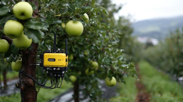 Smart farming sensor device attached to apple tree in orchard for precision agriculture and crop monitoring photo