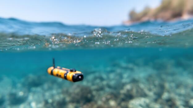 Underwater drone exploring clear ocean waters split view above and below surface technology in marine environment research and exploration photo