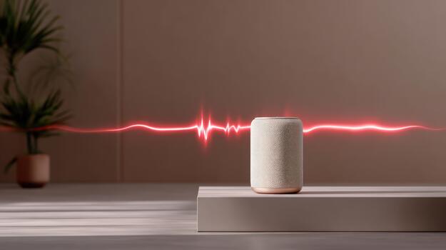 Smart speaker with glowing red sound wave representing voice command and artificial intelligence technology in a modern home or office environment photo