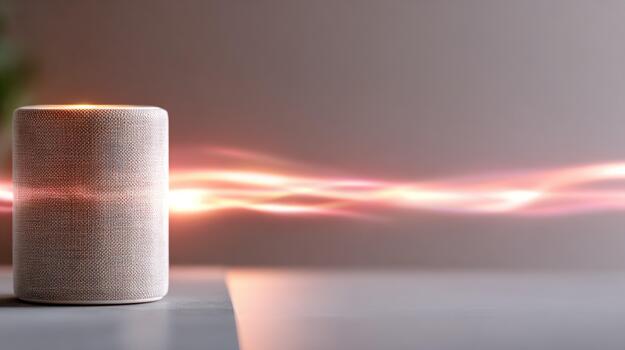 Smart home assistant device with glowing light trails representing sound waves or data flow on a clean background for advanced technology concepts photo
