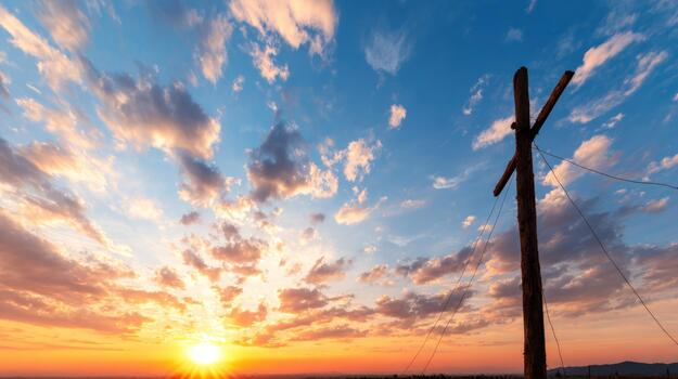 Sunset sky with utility pole silhouette beautiful twilight horizon vibrant colors dramatic clouds scenic view power line structure photo