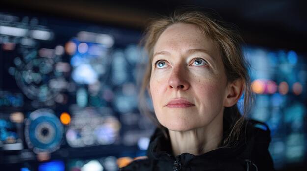 Woman observe high technology display screen in control room environment futuristic innovation data analysis system engineering research development digital interface photo