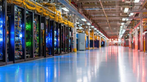 Modern data center server room with rows of racks and blinking lights network infrastructure information technology cloud computing storage photo