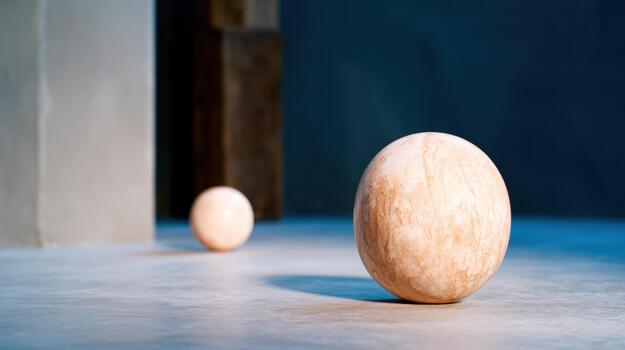 Textured wooden sphere and blurred light orb on cool gray surface with abstract geometric elements in studio setting photo