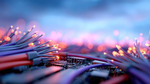 fibra óptico cables haz en electrónico circuito para alto velocidad datos transmisión y digital red tecnología antecedentes foto