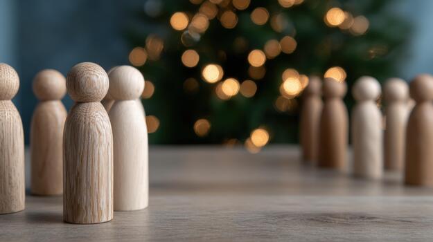 Symbolic wooden peg figures representing individuals and diverse groups in a structured arrangement with a warm bokeh background photo