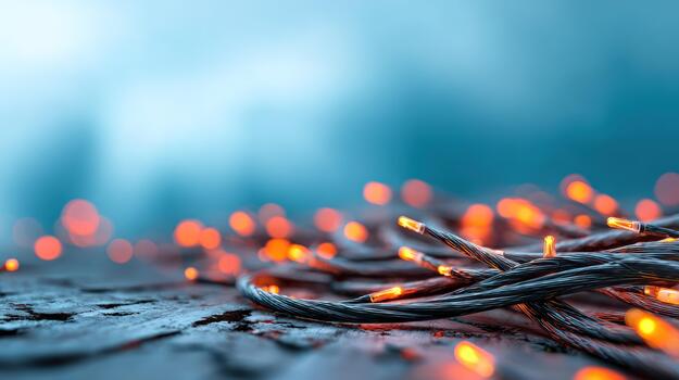 String lights illuminated on textured surface with bokeh background festive decoration warm glow photo