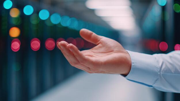 Human hand with open palm interacting with digital technology in data server environment photo