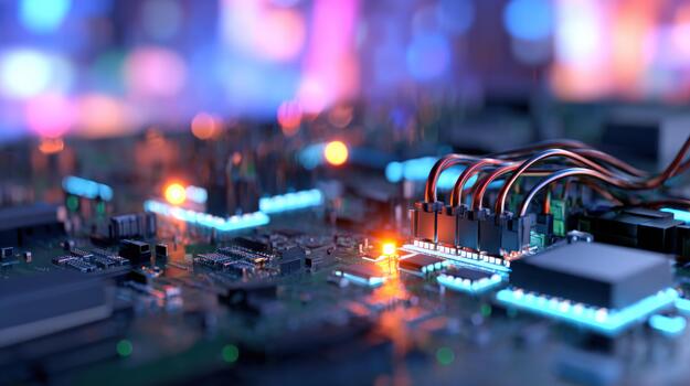 Advanced circuit board with glowing components data processing and network connection photo