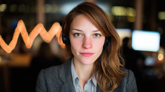Professional woman wearing headset with sound wave graphic representing communication and support in a modern office environment photo