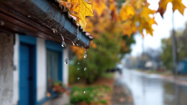 Autumn rain drops falling from gutter with colorful maple leaves and wet street background seasonal weather transition concept photo
