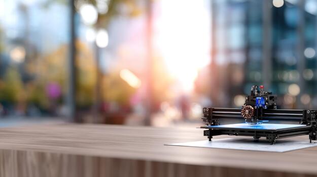 Desktop 3 d printer creating a blue object on a wooden surface with a bright blurred urban background representing modern manufacturing and innovation photo